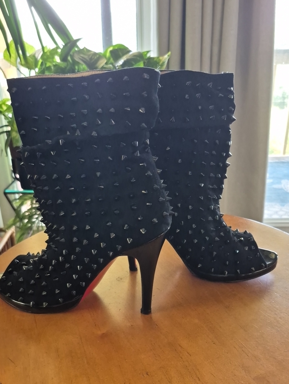 Christian Louboutin Guerilla Black Studded Peep-Toe Stilletto Ankle Boots. Sz 42
